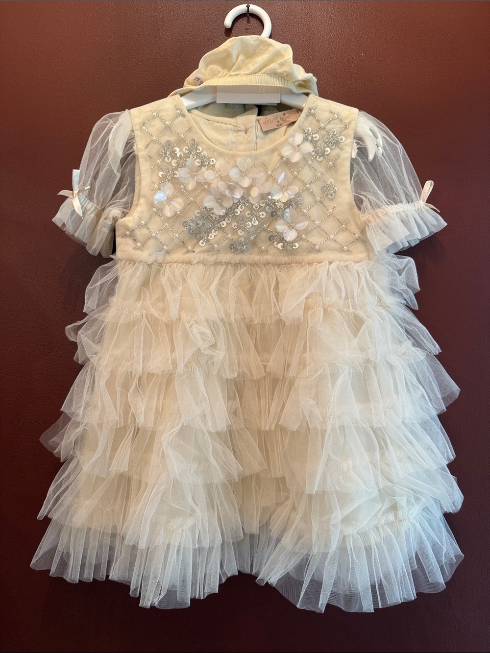 Tutu Du Monde - Girls Cream Ruffle Tulle Party Dress with Floral Embellishments